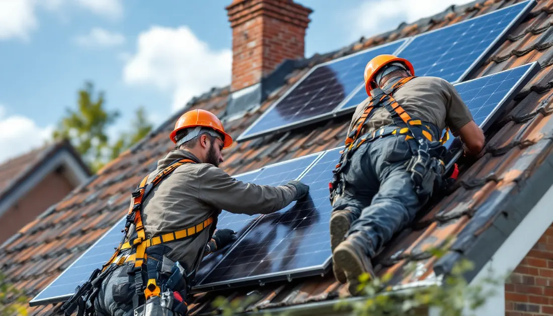 Installateurs posant des panneaux solaires sur une toiture en Belgique